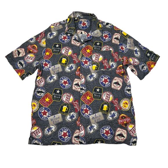 George Beer Logo AOP Button Up Short Sleeve Casual Shirt Grey Mens Large - Picture 1 of 6